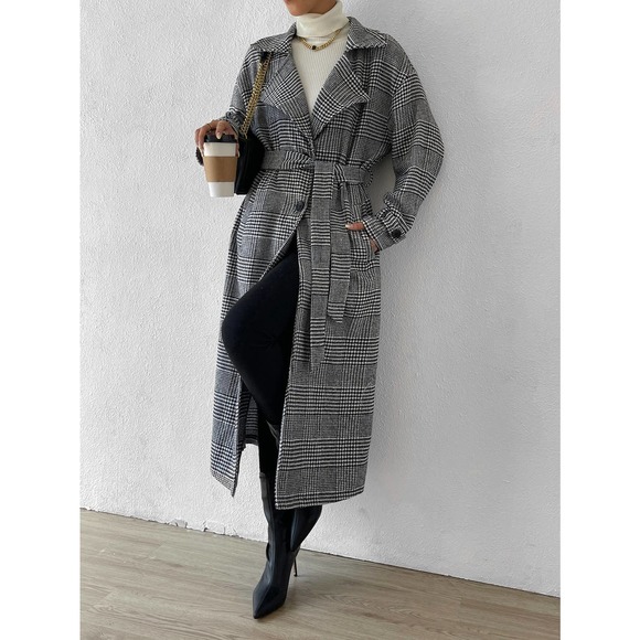 BohoGypsyDreamer.com Jackets & Blazers - Gray black plaid long trench coat pea coat Belted Overcoat